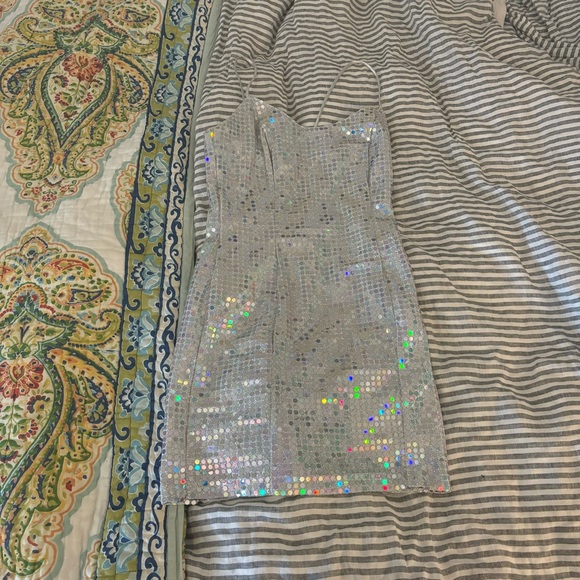 vintage silver sequin bodycon mini dress, spaghetti strap - Picture 3 of 11